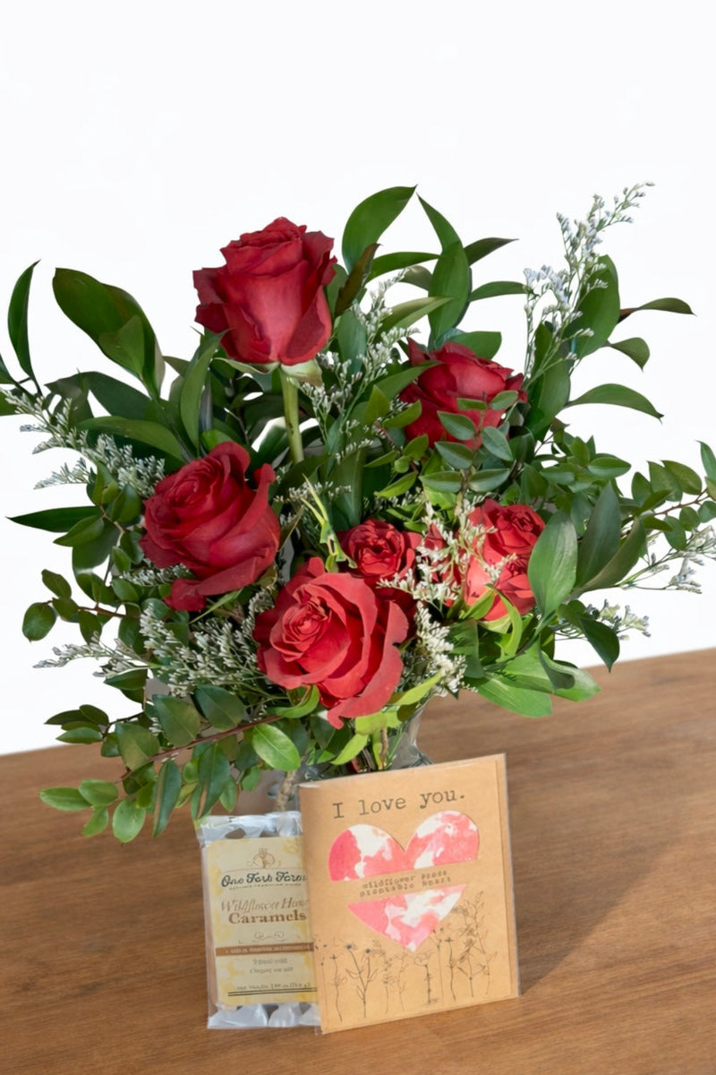 1/2 dozen roses, caramels and card combo