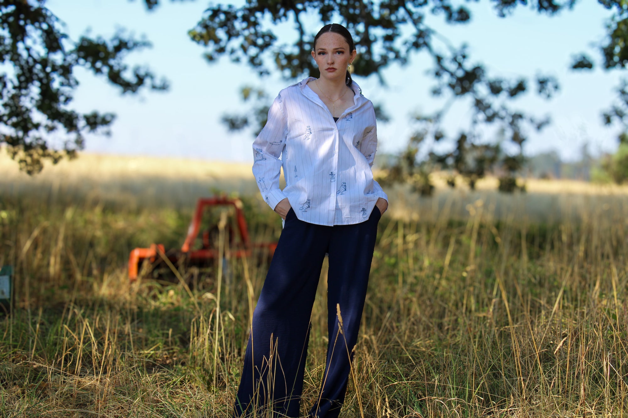 Embroidered Animal Stripe Button Up Shirt