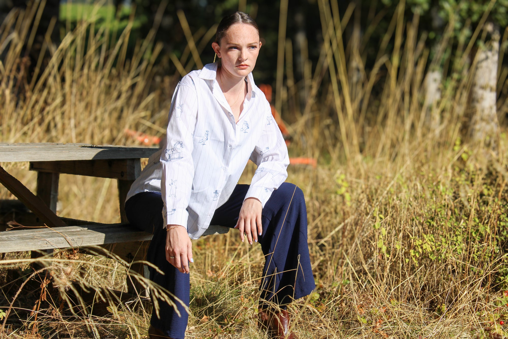 Embroidered Animal Stripe Button Up Shirt