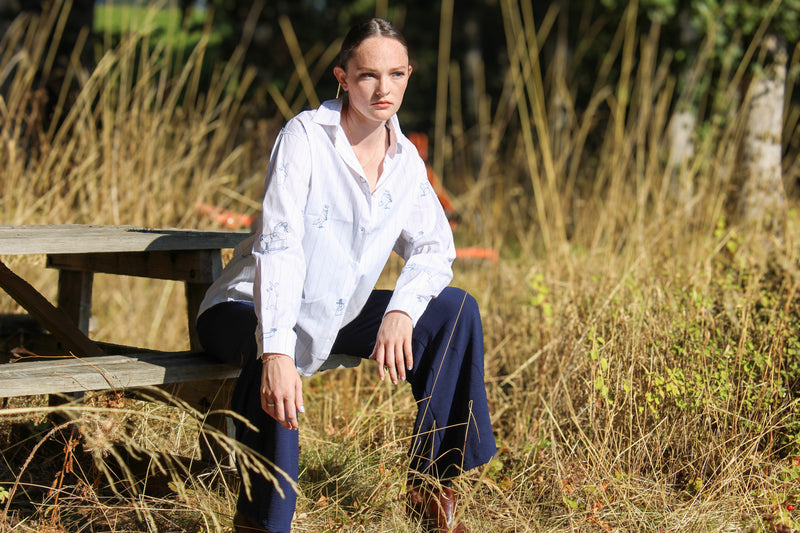 Embroidered Animal Stripe Button Up Shirt