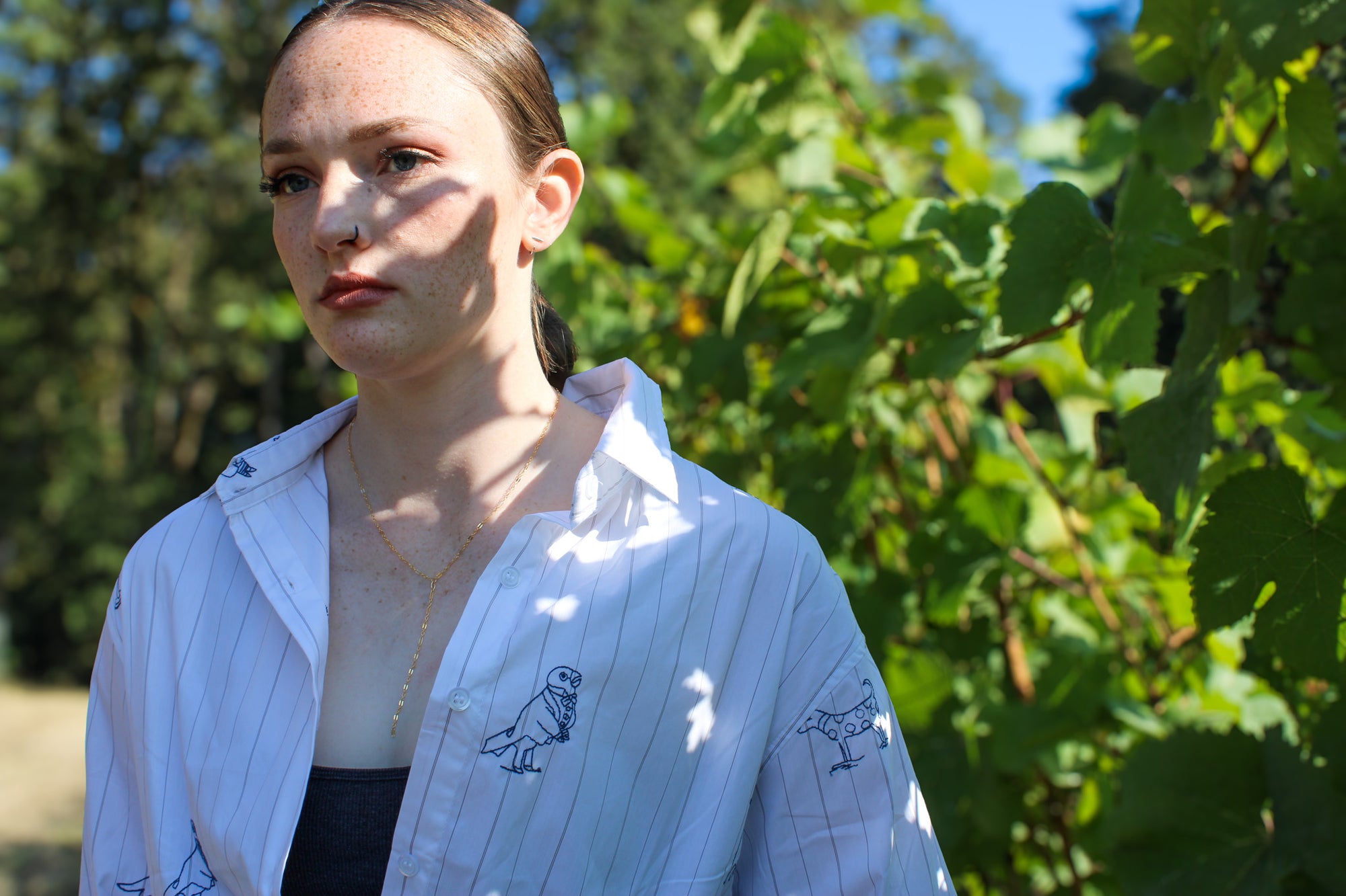 Embroidered Animal Stripe Button Up Shirt