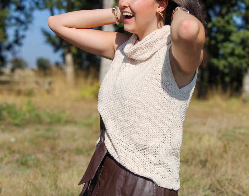 Hollow Sleeveless Cowl Neck Crochet Top