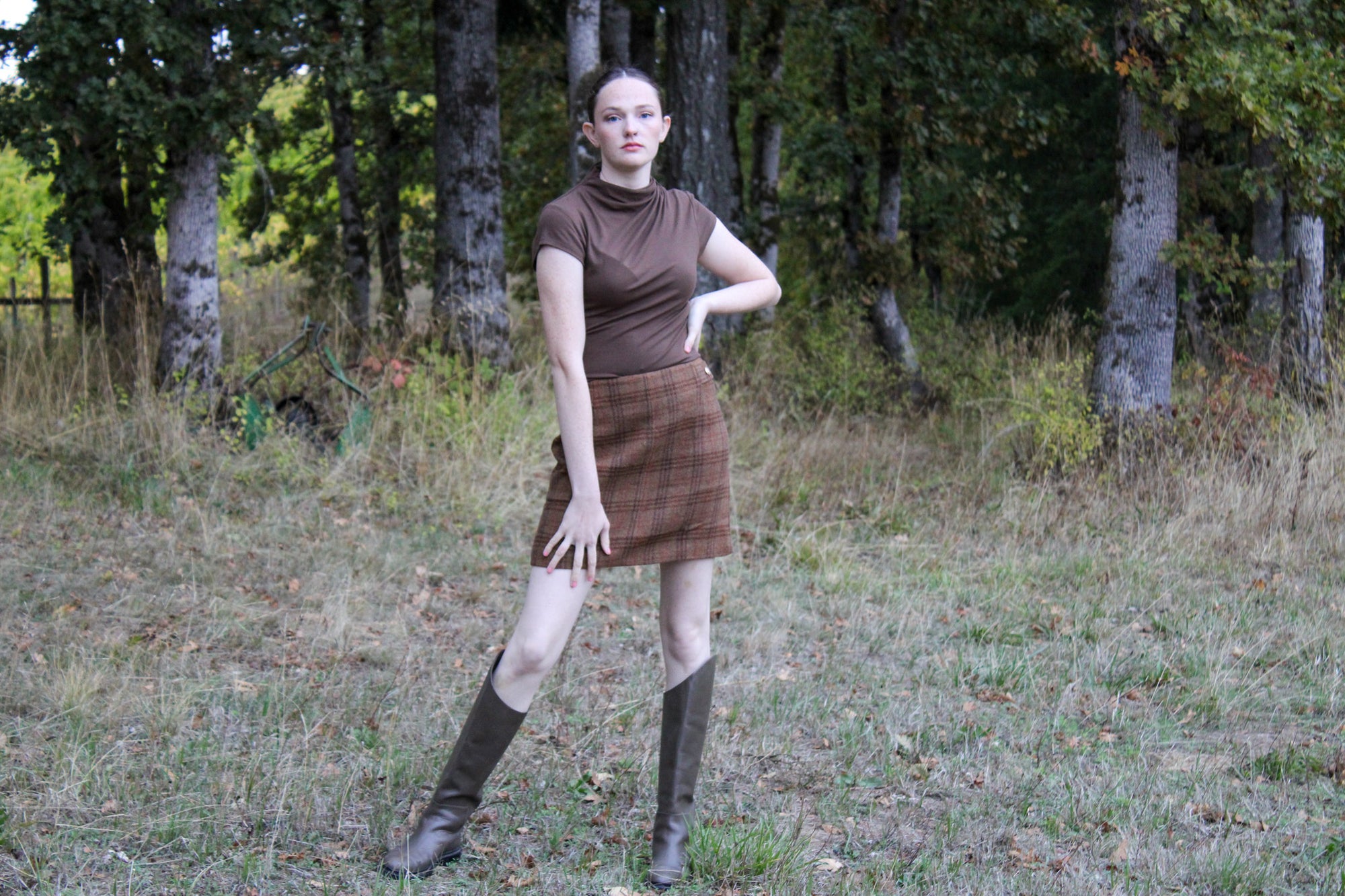Bronze Hollow Plaid Mini Skirt