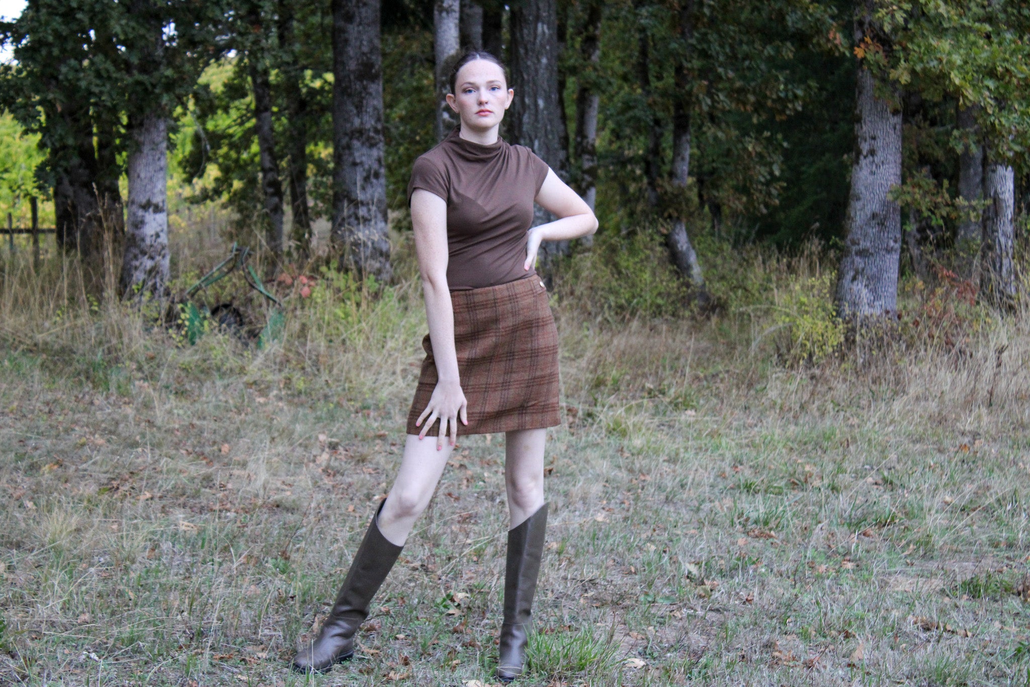 Bronze Hollow Plaid Mini Skirt