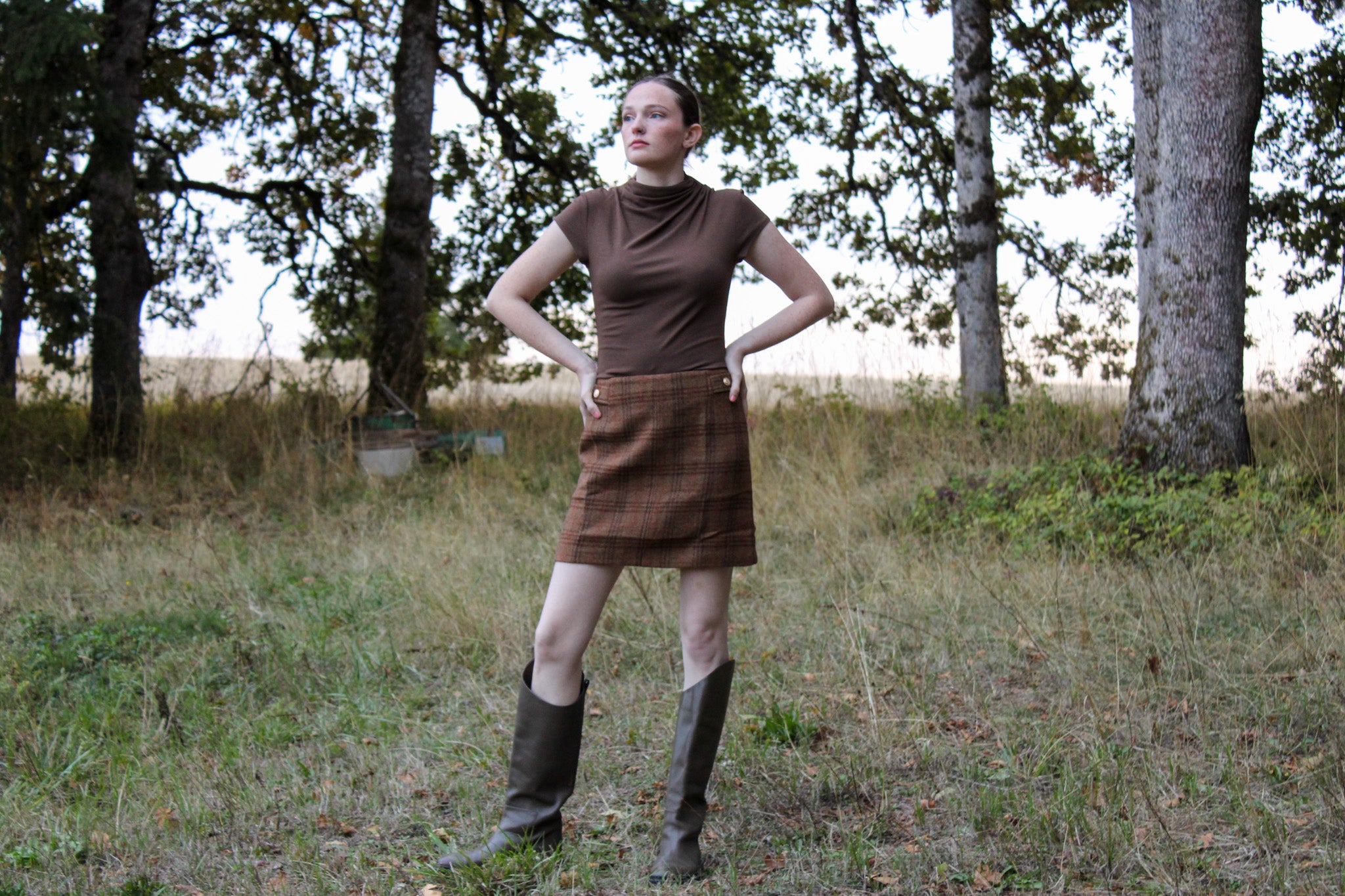 Bronze Hollow Plaid Mini Skirt