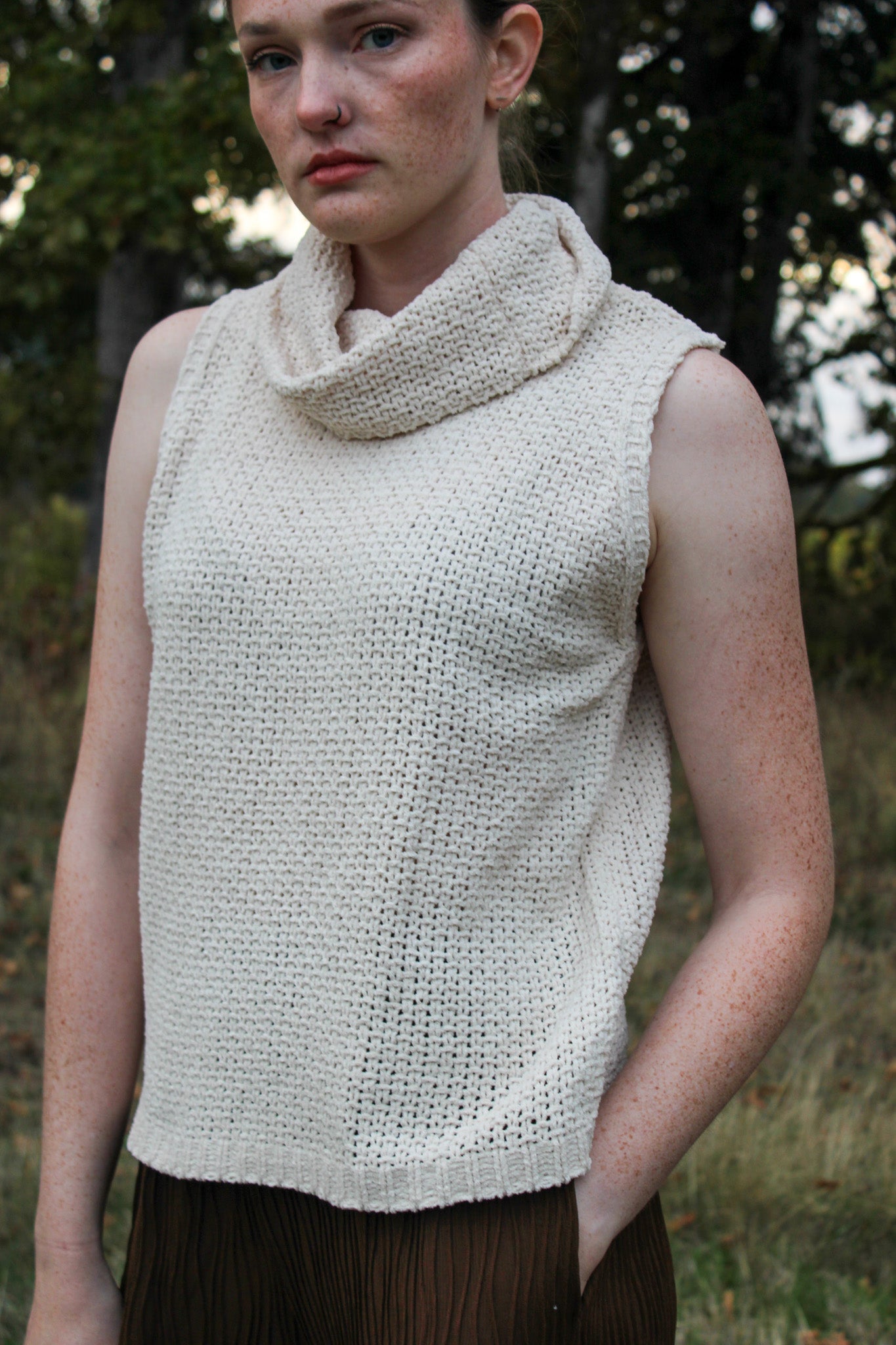 Hollow Sleeveless Cowl Neck Crochet Top