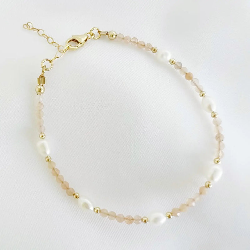Peach Moonstone & Freshwater Pearl Beaded Gold Filled Bracelet