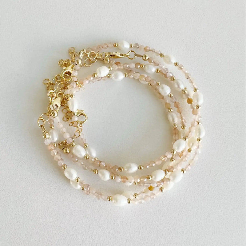 Peach Moonstone & Freshwater Pearl Beaded Gold Filled Bracelet
