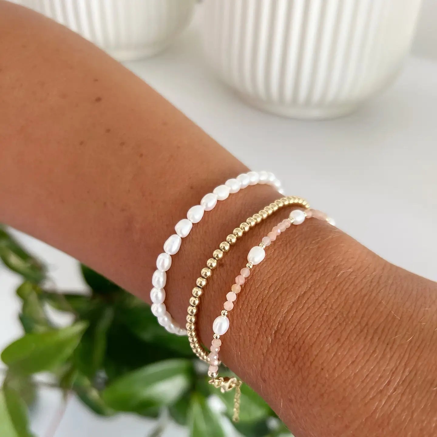 Peach Moonstone & Freshwater Pearl Beaded Gold Filled Bracelet