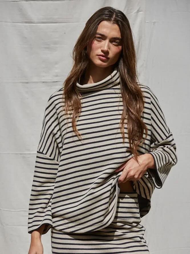 Ash Knit Striped Mock Neck Pullover