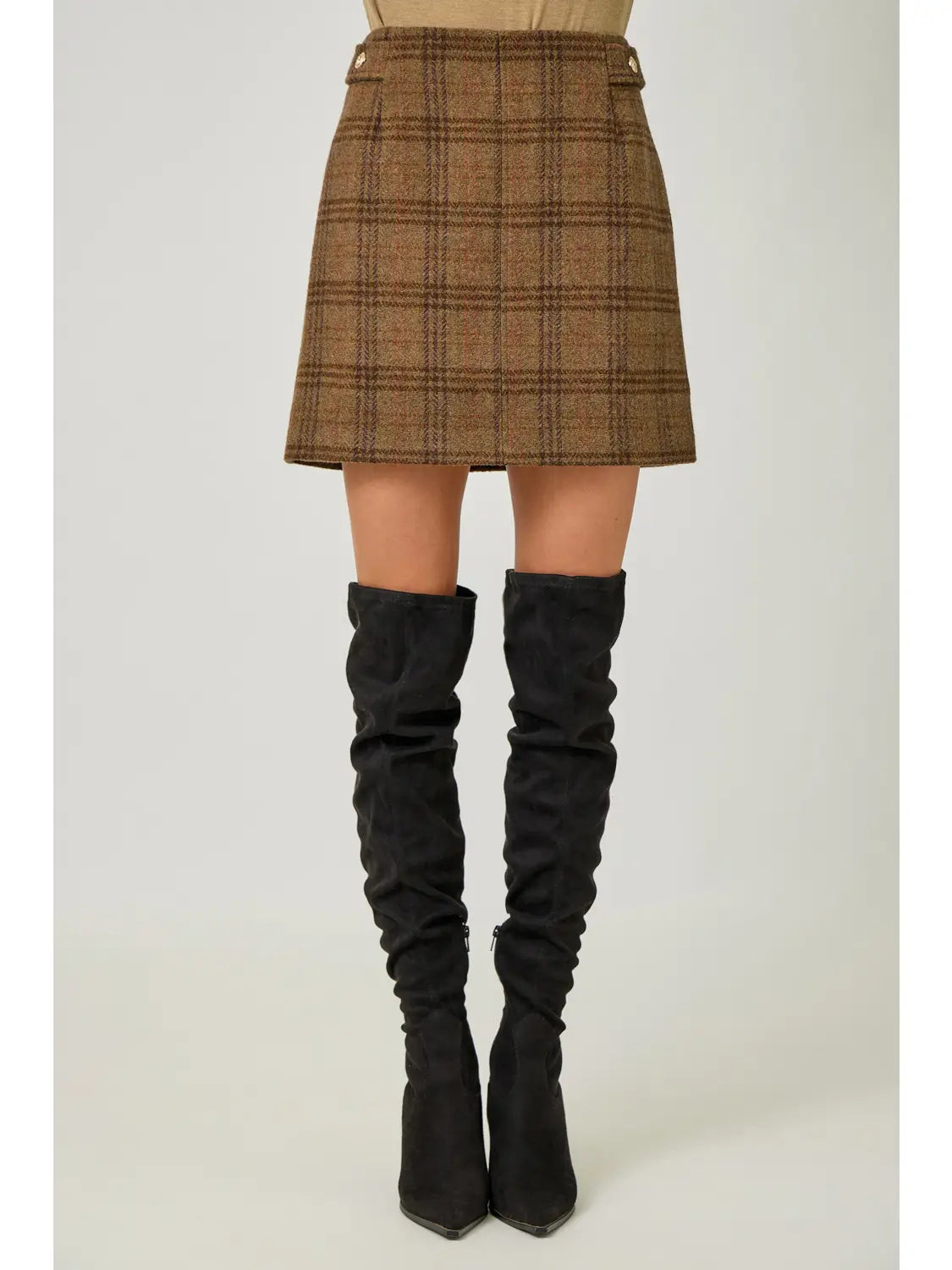 Bronze Hollow Plaid Mini Skirt