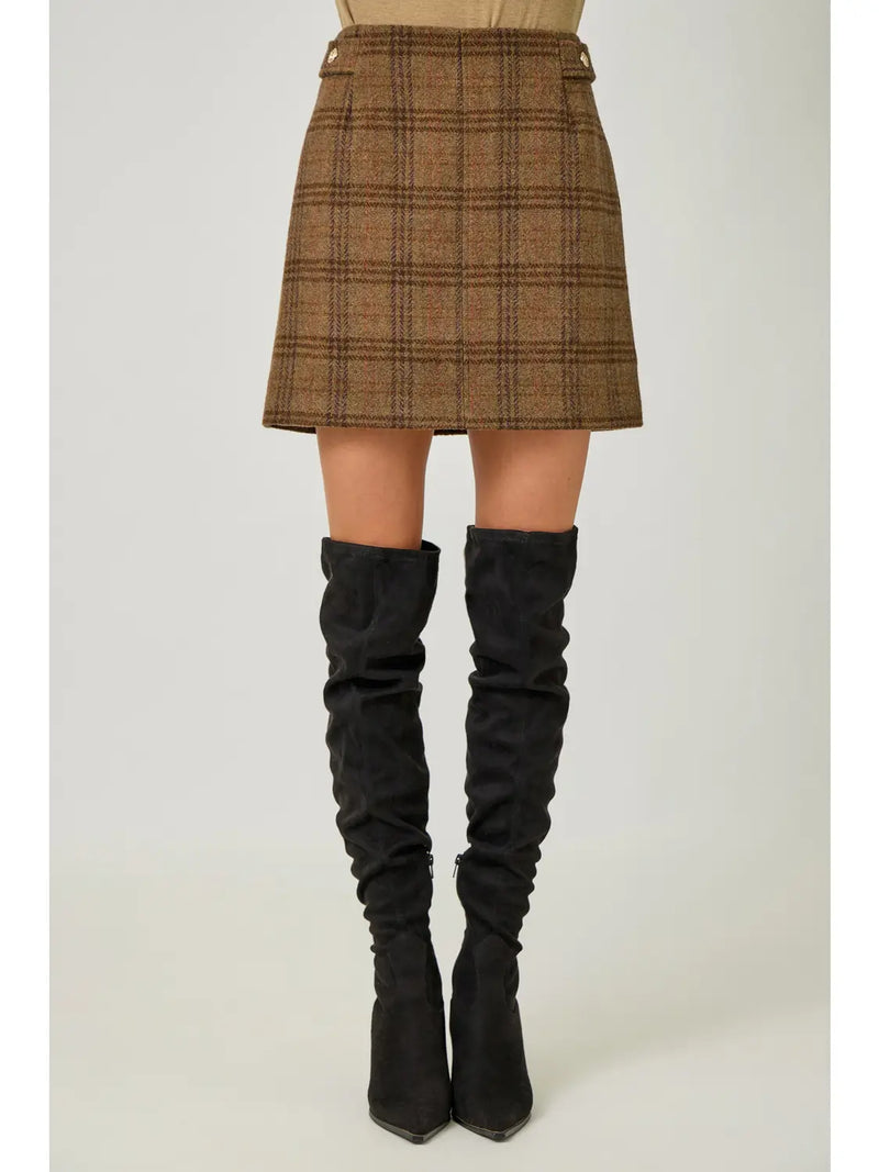 Bronze Hollow Plaid Mini Skirt