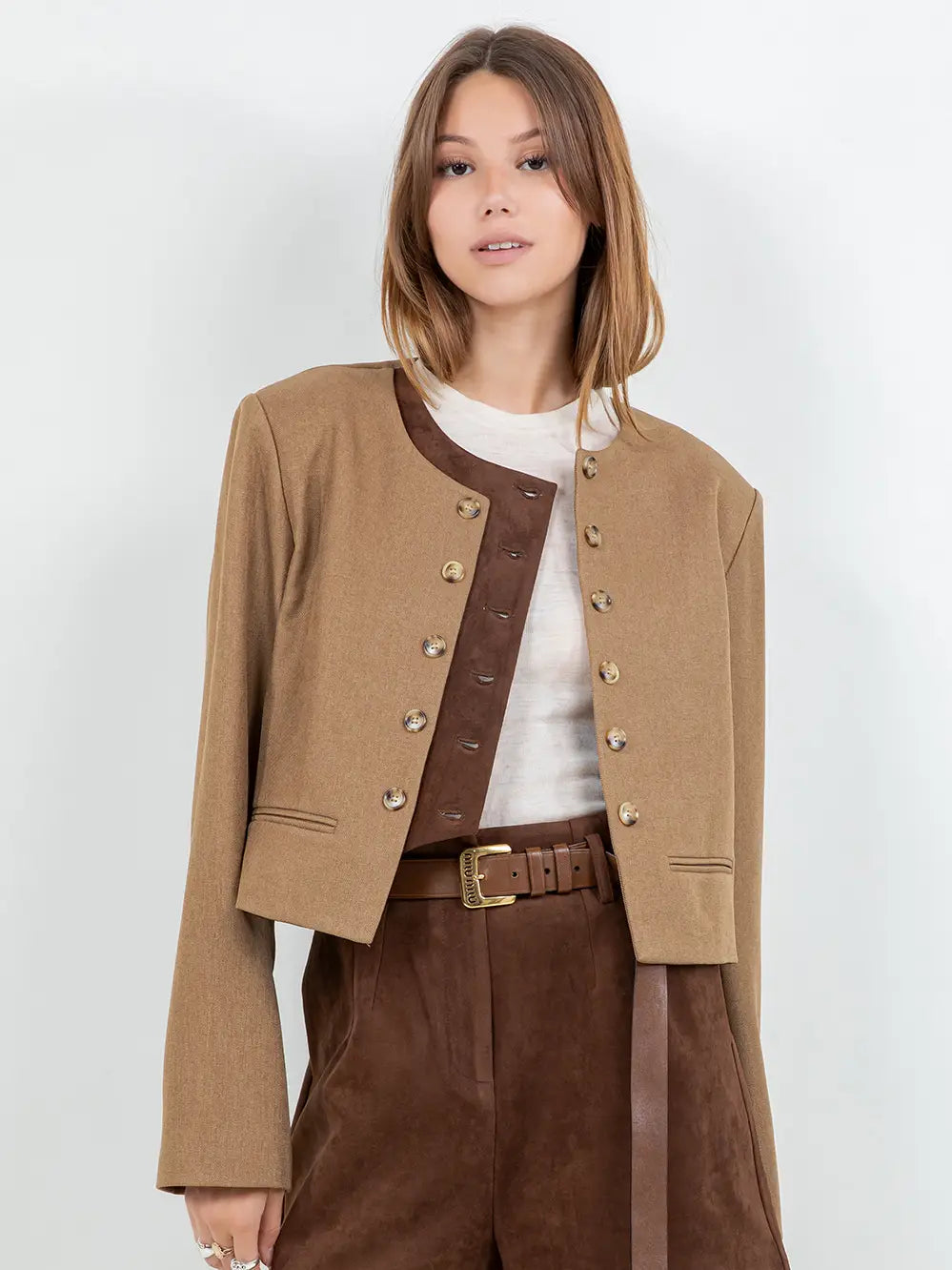 Hazeline Contrast Suede Double Placket Jacket
